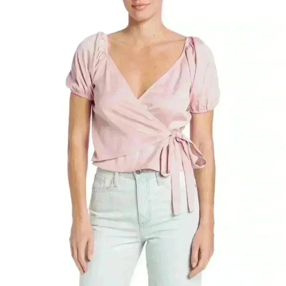WAYF Faux Wrap Top Short Sleeve Blush Pink Size S